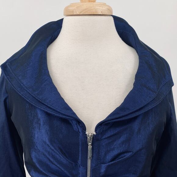 Joseph Ribkoff Dramatic Moldable Collar Sheath Dress Zip Front Metallic Blue 10 - Picture 4 of 16